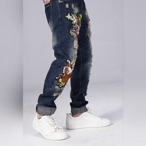 Men's Ripped Straight Slim Moto Biker Jeans